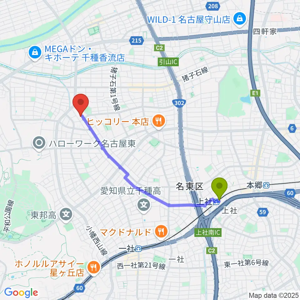 上社駅からうりんこ劇場へのルートマップ地図