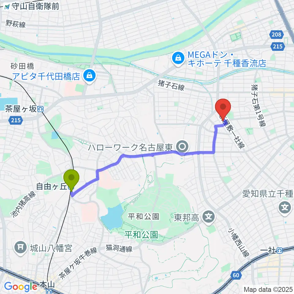 自由ヶ丘駅からうりんこ劇場へのルートマップ地図