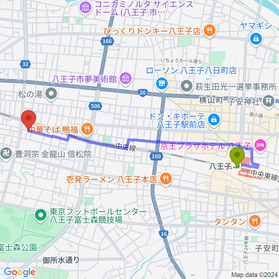 八王子駅からあさおか音楽教室へのルートマップ地図