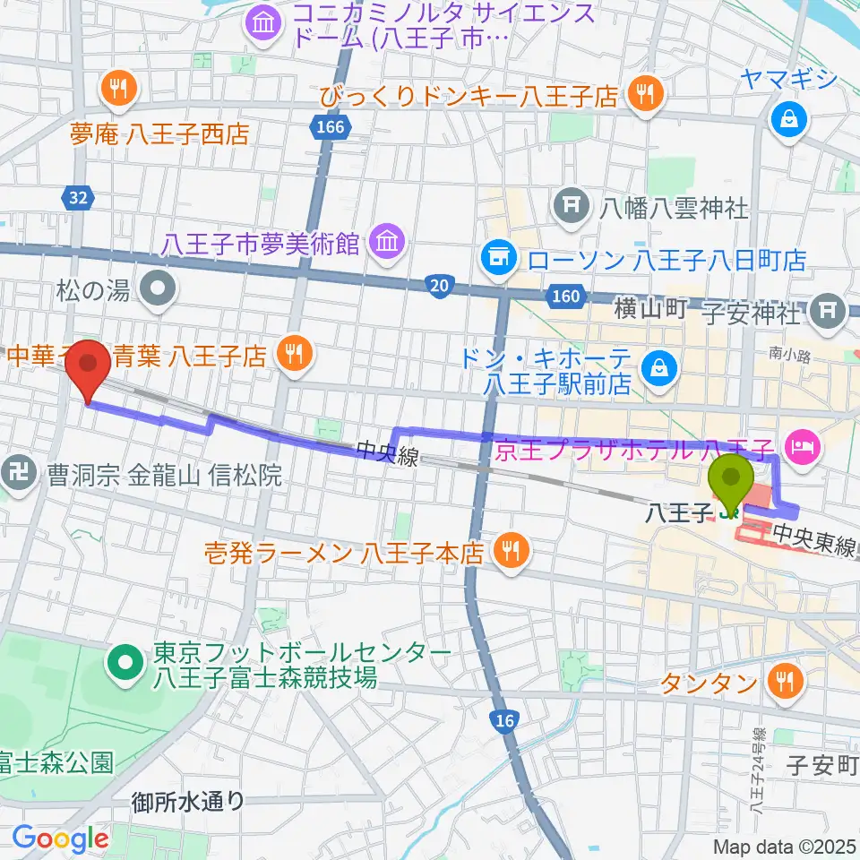 八王子駅からあさおか音楽教室へのルートマップ地図