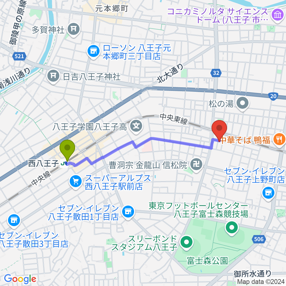 あさおか音楽教室の最寄駅西八王子駅からの徒歩ルート（約17分）地図