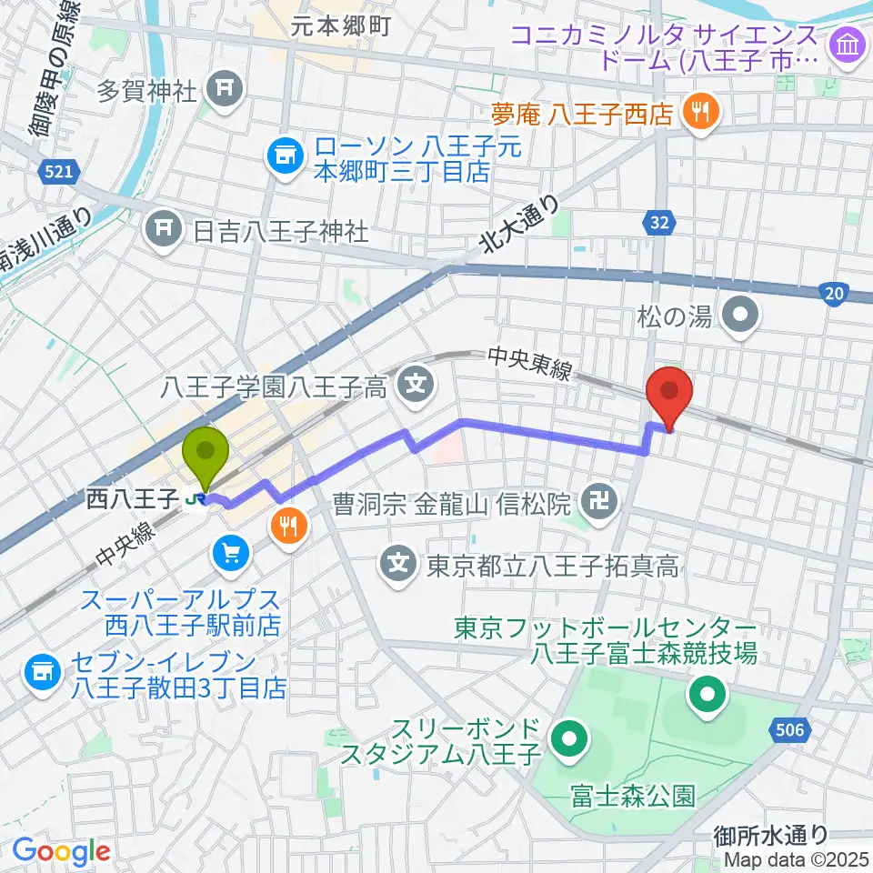 あさおか音楽教室の最寄駅西八王子駅からの徒歩ルート（約17分）地図