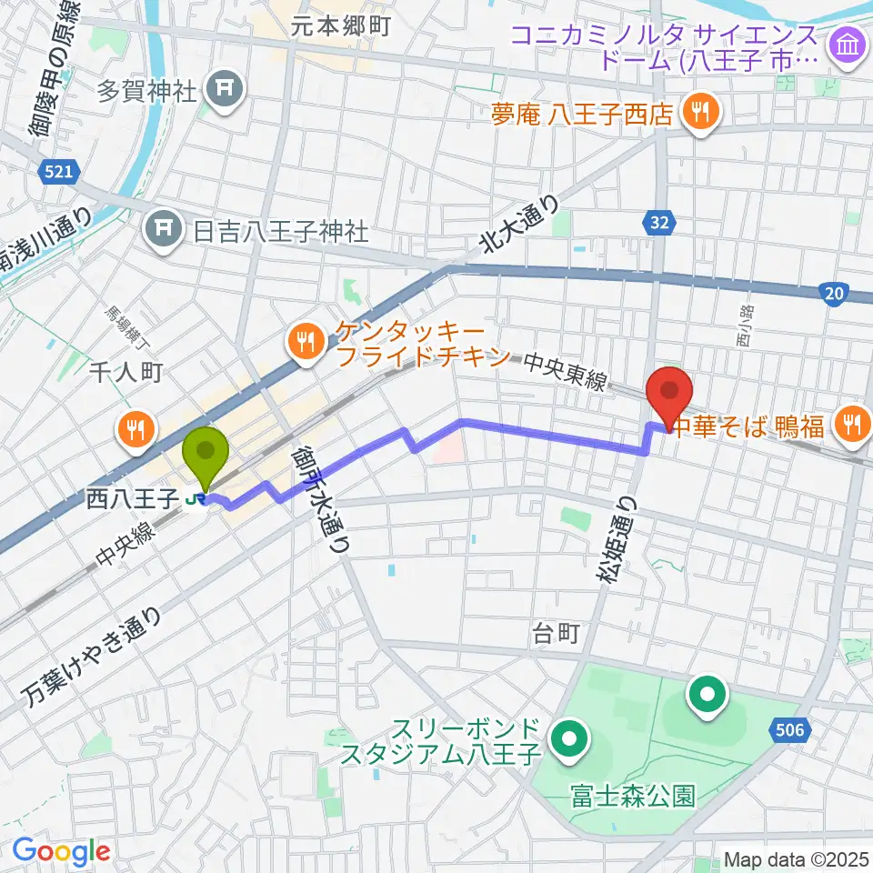 あさおか音楽教室の最寄駅西八王子駅からの徒歩ルート（約17分）地図