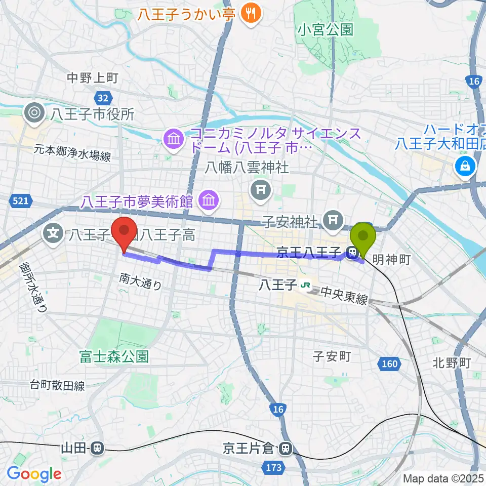 京王八王子駅からあさおか音楽教室へのルートマップ地図