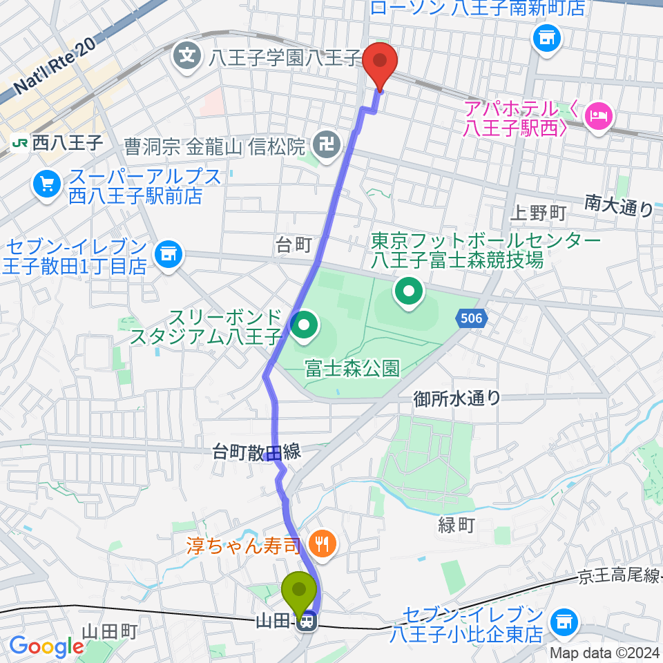 山田駅からあさおか音楽教室へのルートマップ地図