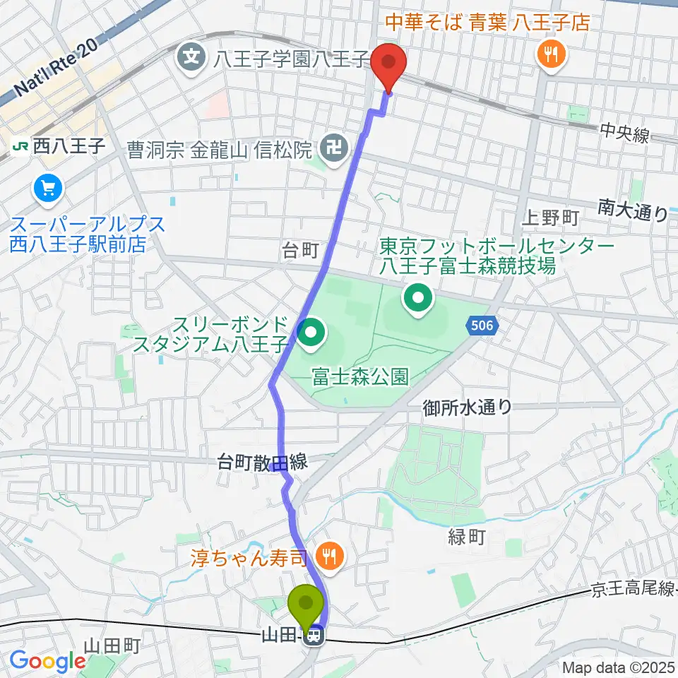 山田駅からあさおか音楽教室へのルートマップ地図