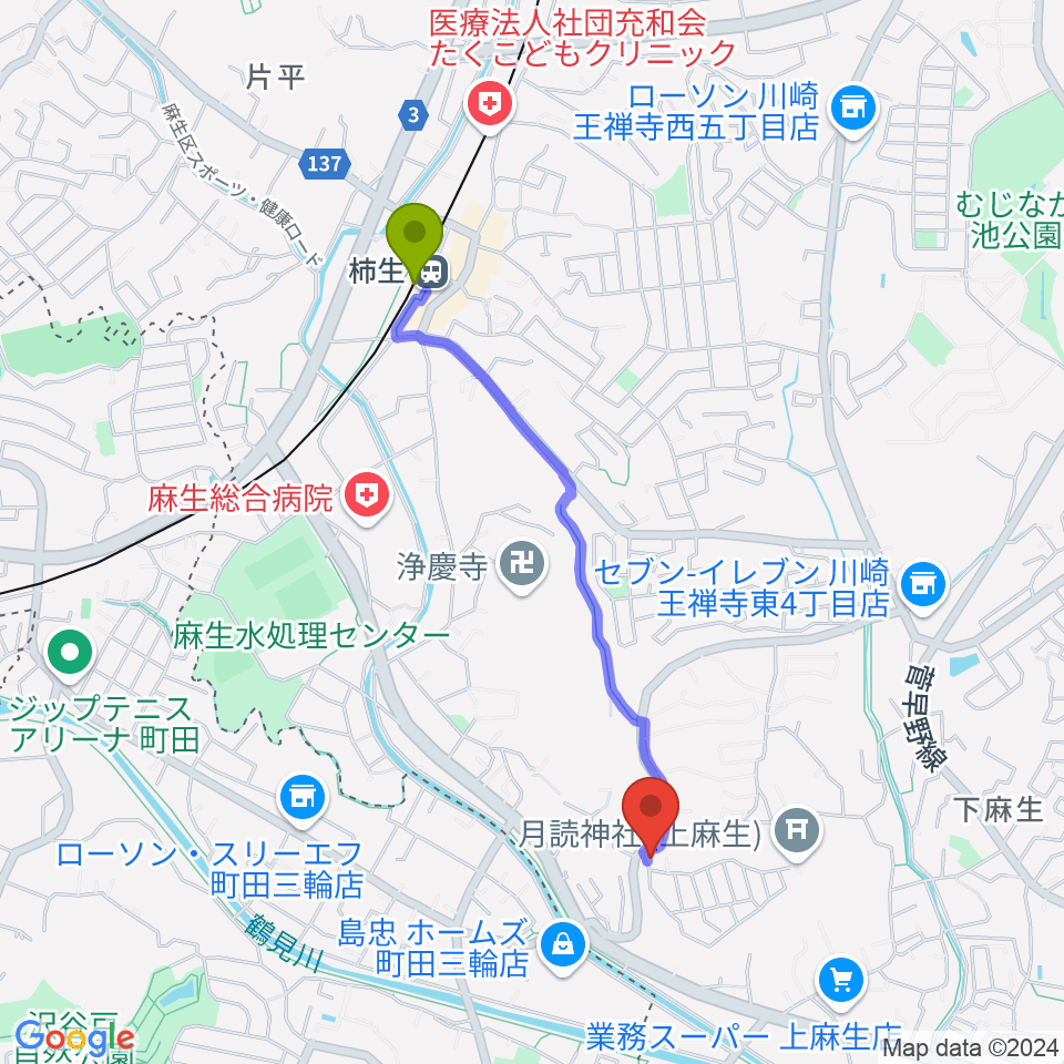 アルテドレミ音楽教室の最寄駅柿生駅からの徒歩ルート（約18分）地図