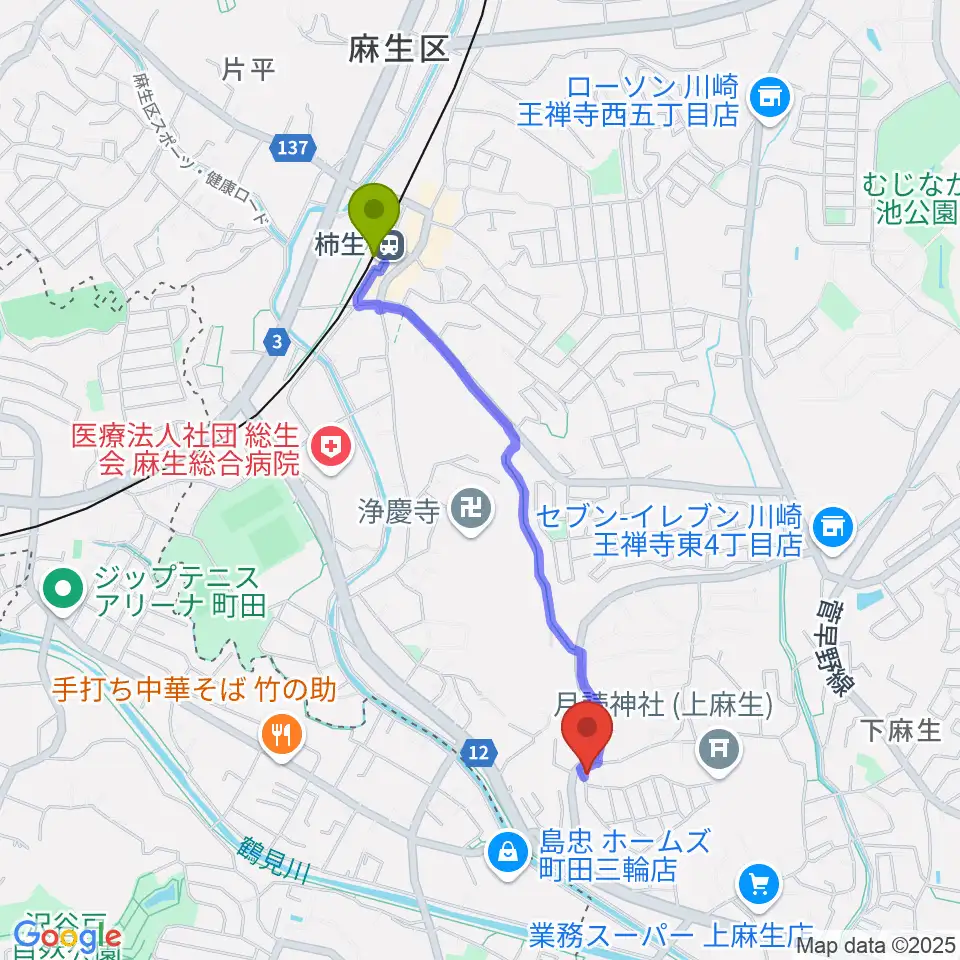 アルテドレミ音楽教室の最寄駅柿生駅からの徒歩ルート（約18分）地図
