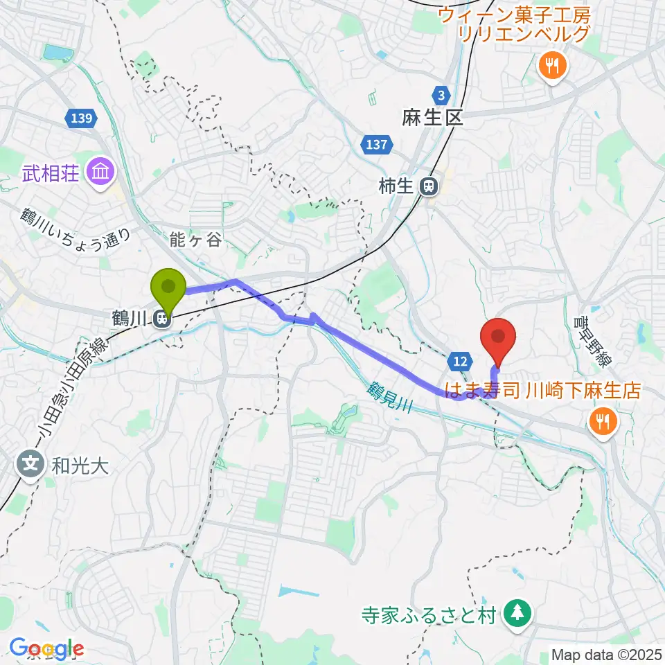 鶴川駅からアルテドレミ音楽教室へのルートマップ地図