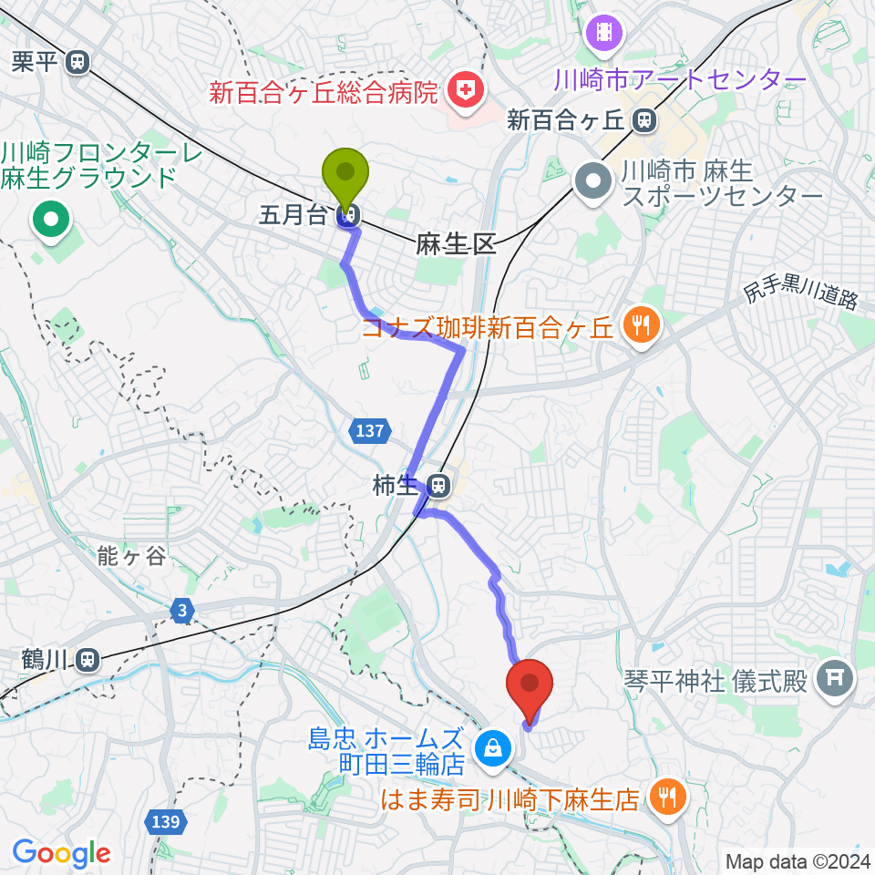 五月台駅からアルテドレミ音楽教室へのルートマップ地図