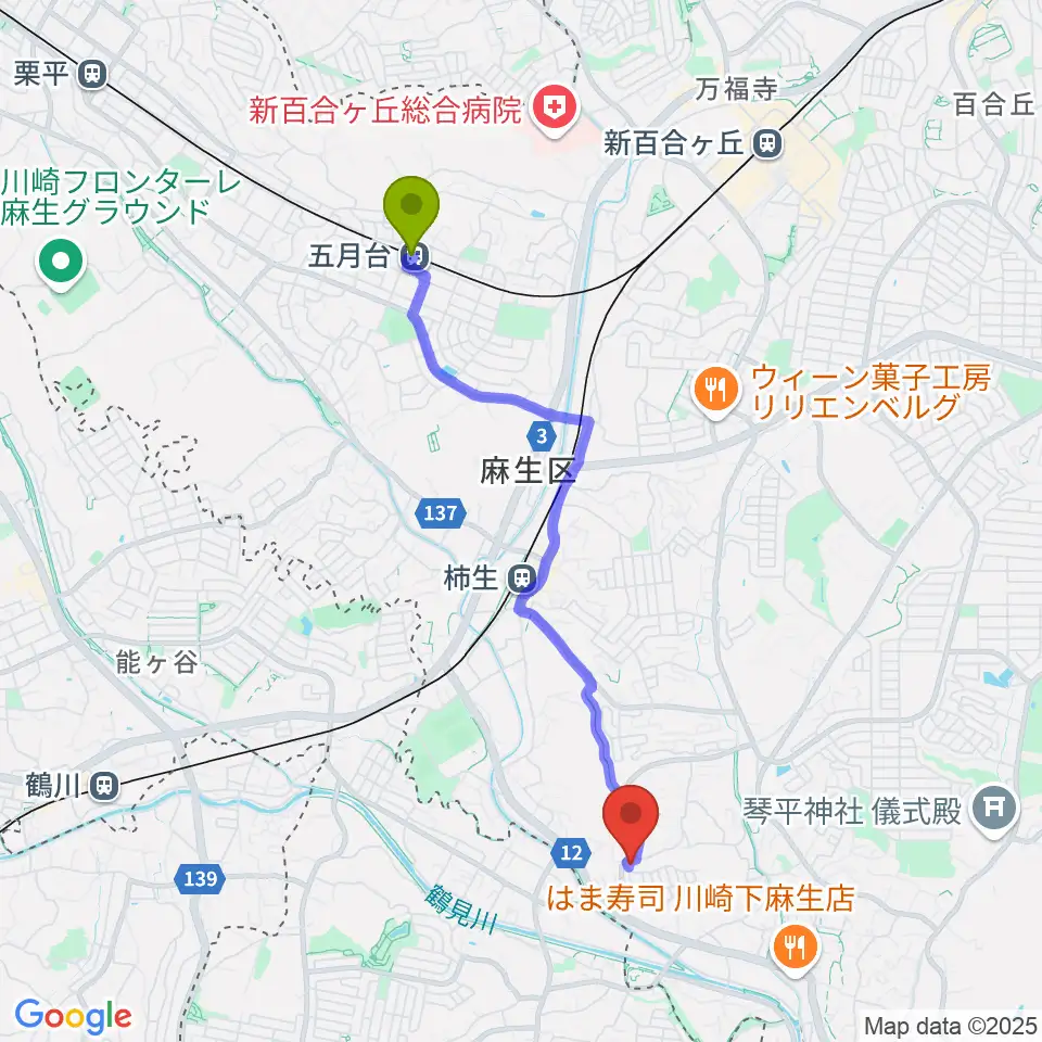 五月台駅からアルテドレミ音楽教室へのルートマップ地図
