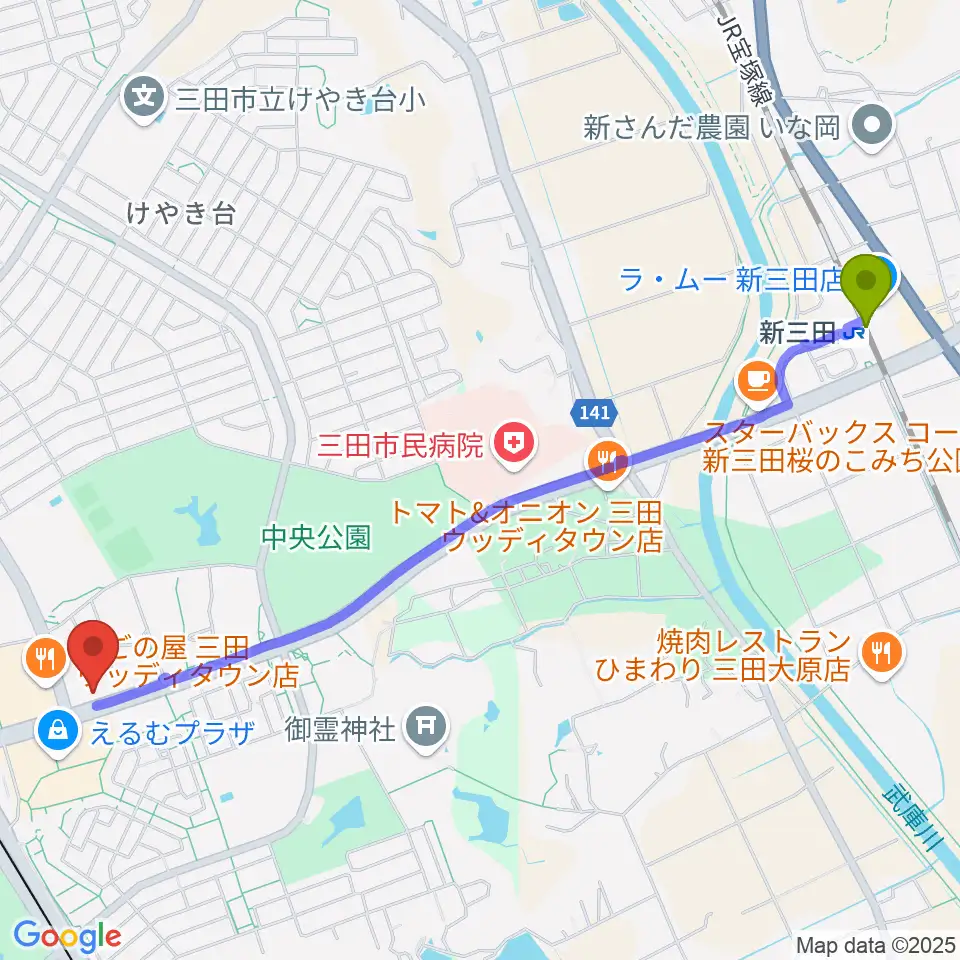 新三田駅からはやし音楽教室へのルートマップ地図