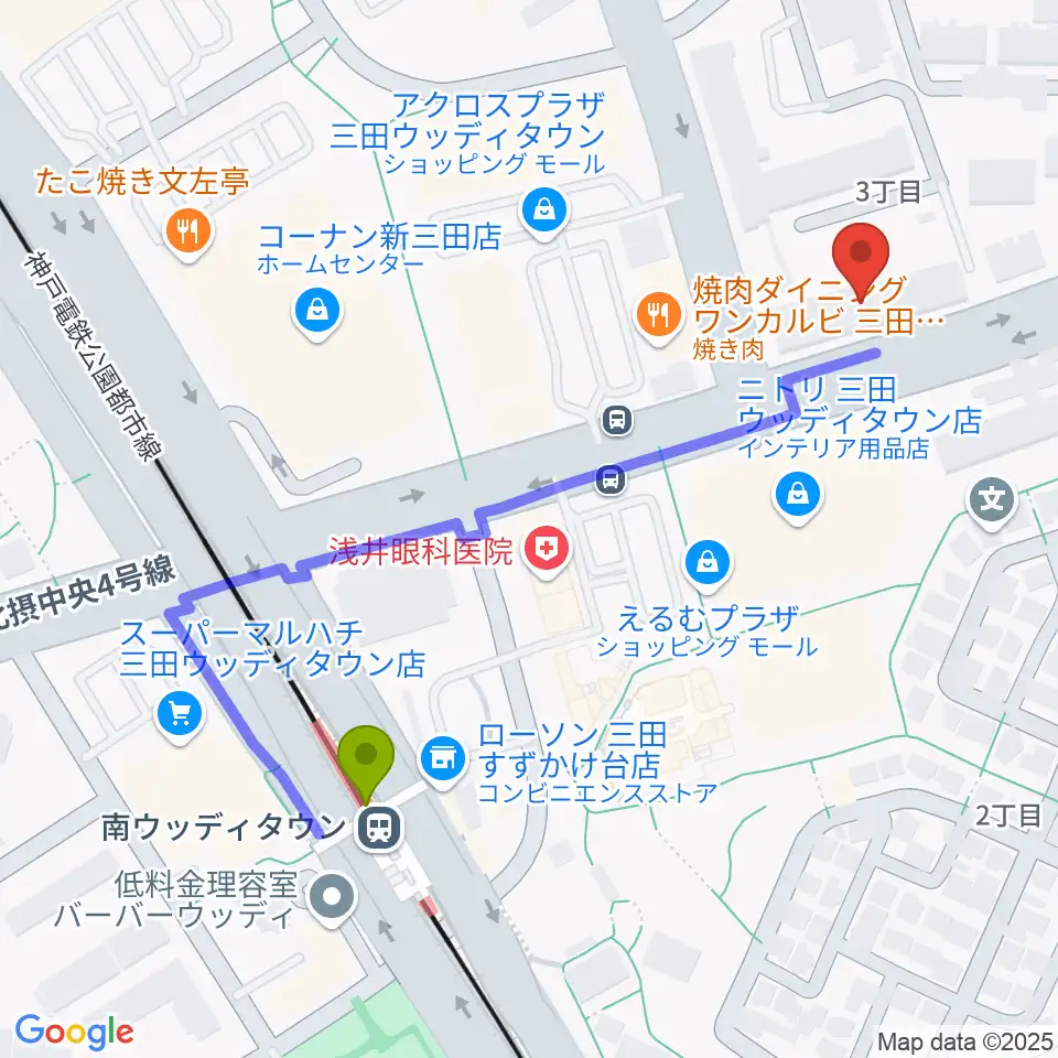 はやし音楽教室の最寄駅南ウッディタウン駅からの徒歩ルート（約5分）地図