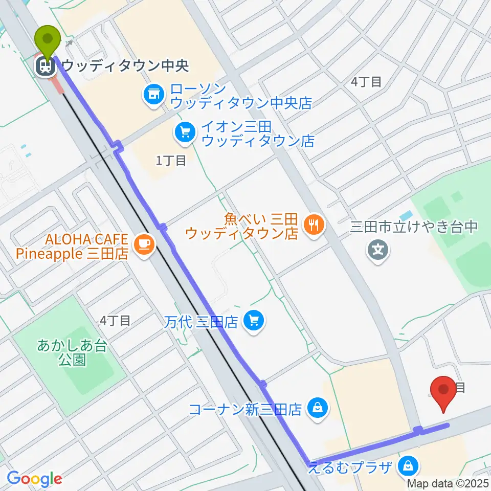 ウッディタウン中央駅からはやし音楽教室へのルートマップ地図