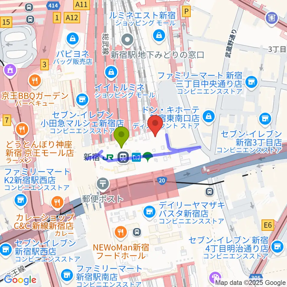 ルミネtheよしもとの最寄駅新宿駅からの徒歩ルート（約1分）地図