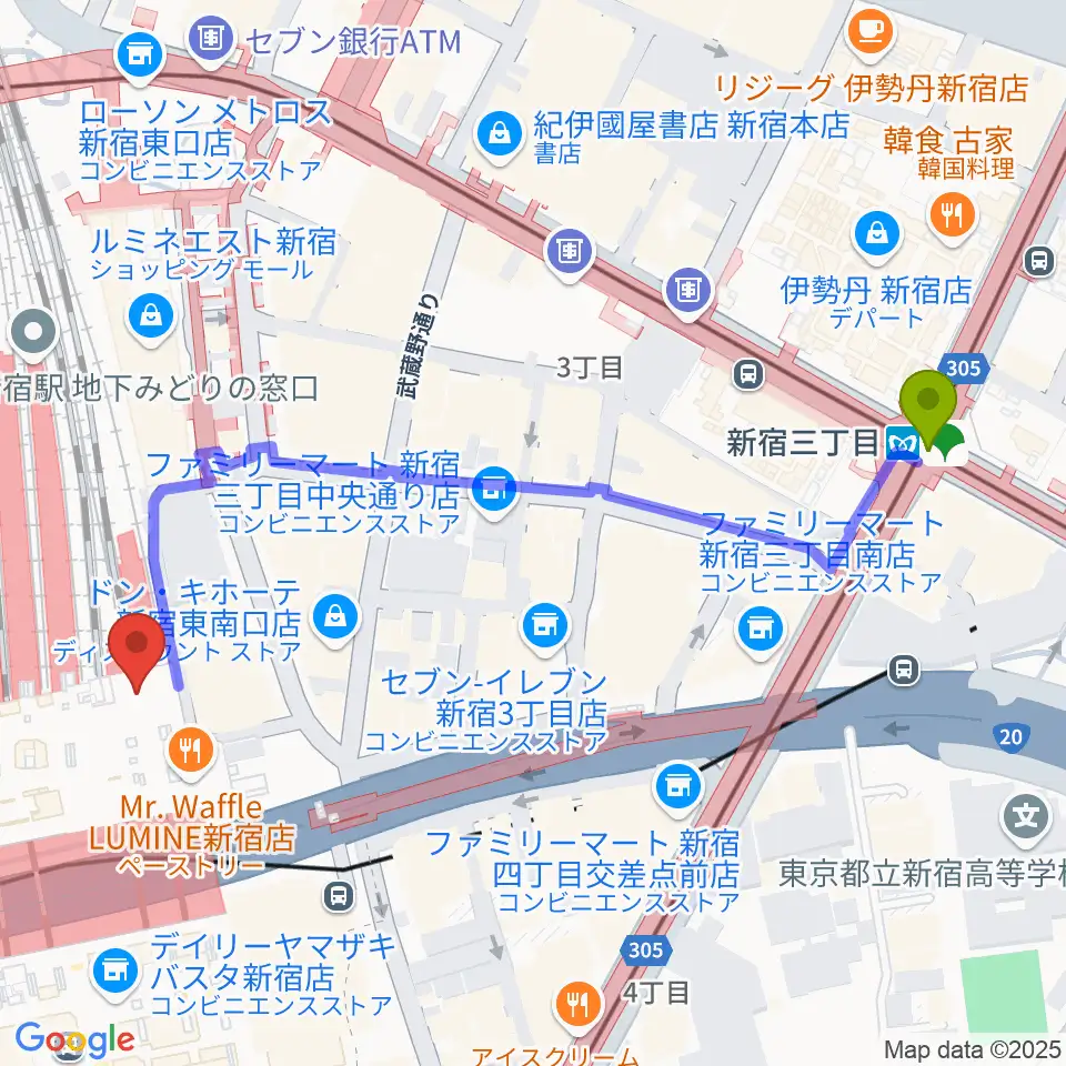 新宿三丁目駅からルミネtheよしもとへのルートマップ地図