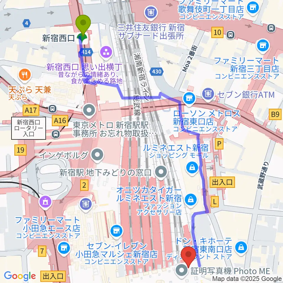 新宿西口駅からルミネtheよしもとへのルートマップ地図