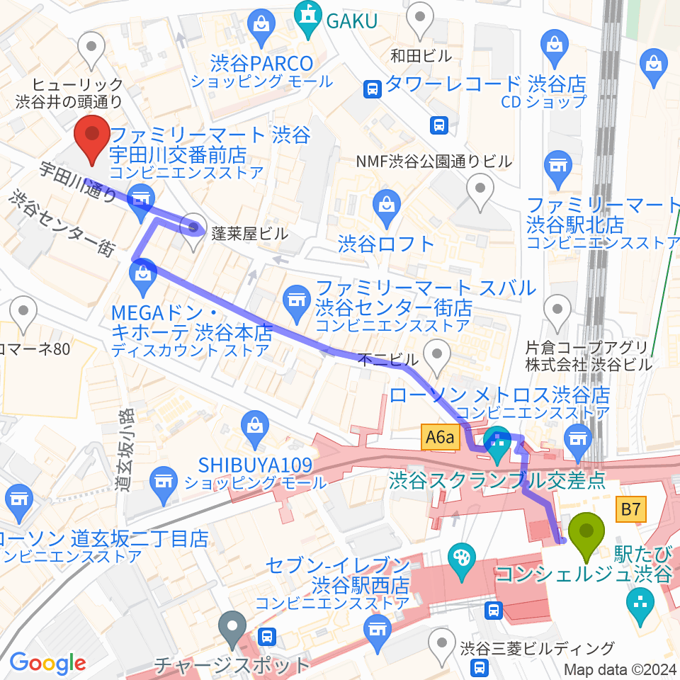 渋谷ヨシモト∞ホールの最寄駅渋谷駅からの徒歩ルート（約7分）地図