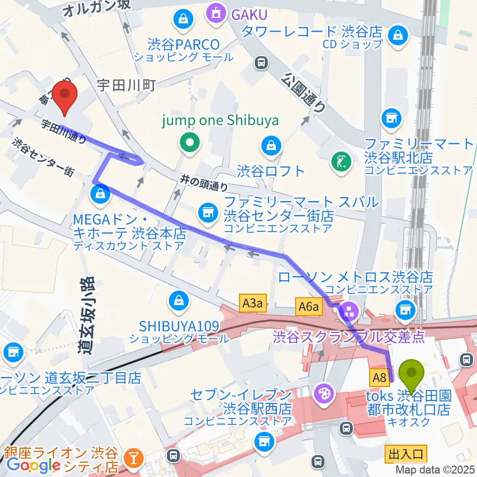 渋谷よしもと漫才劇場の最寄駅渋谷駅からの徒歩ルート（約7分）地図