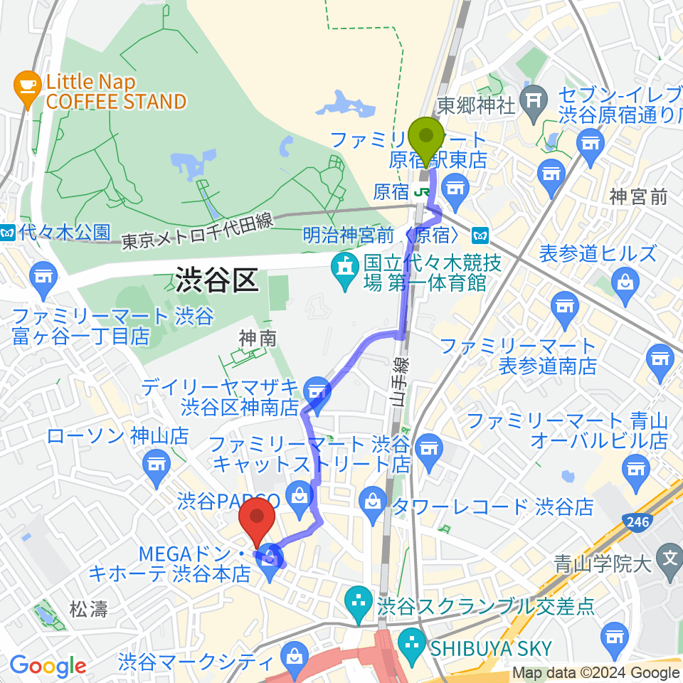 原宿駅から渋谷ヨシモト∞ホールへのルートマップ地図