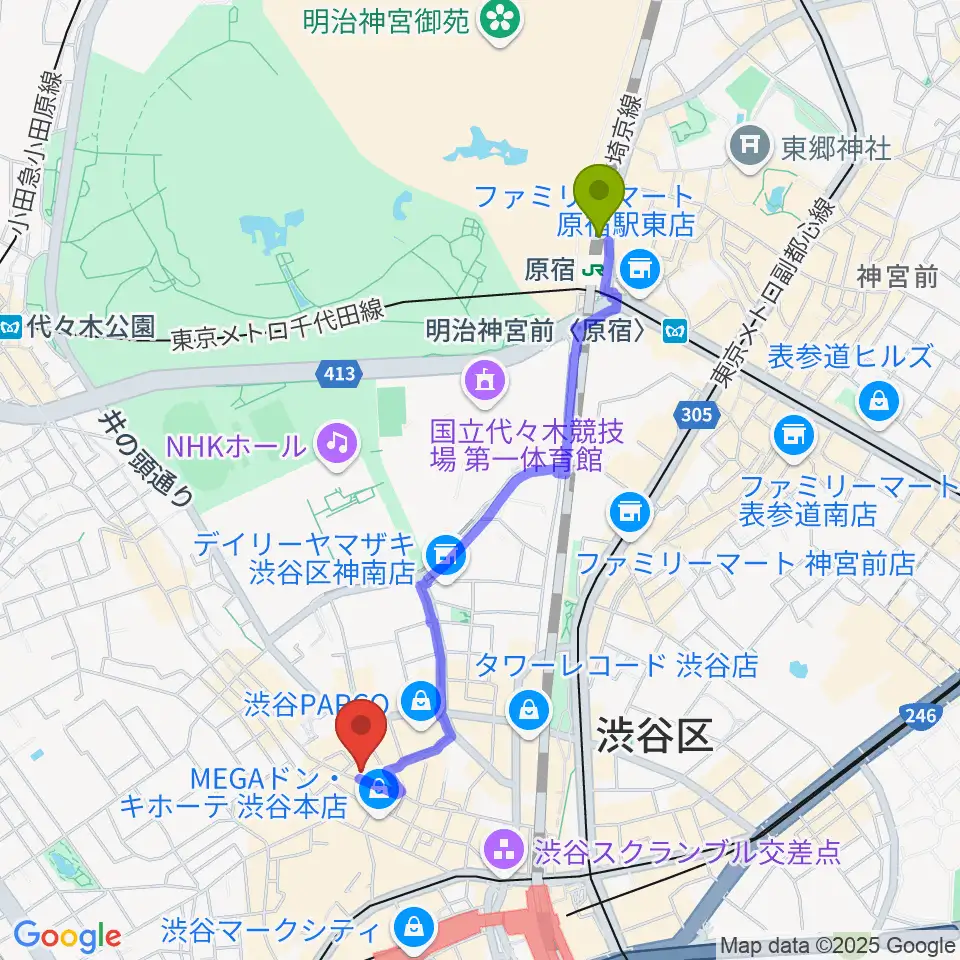 原宿駅から渋谷よしもと漫才劇場へのルートマップ地図