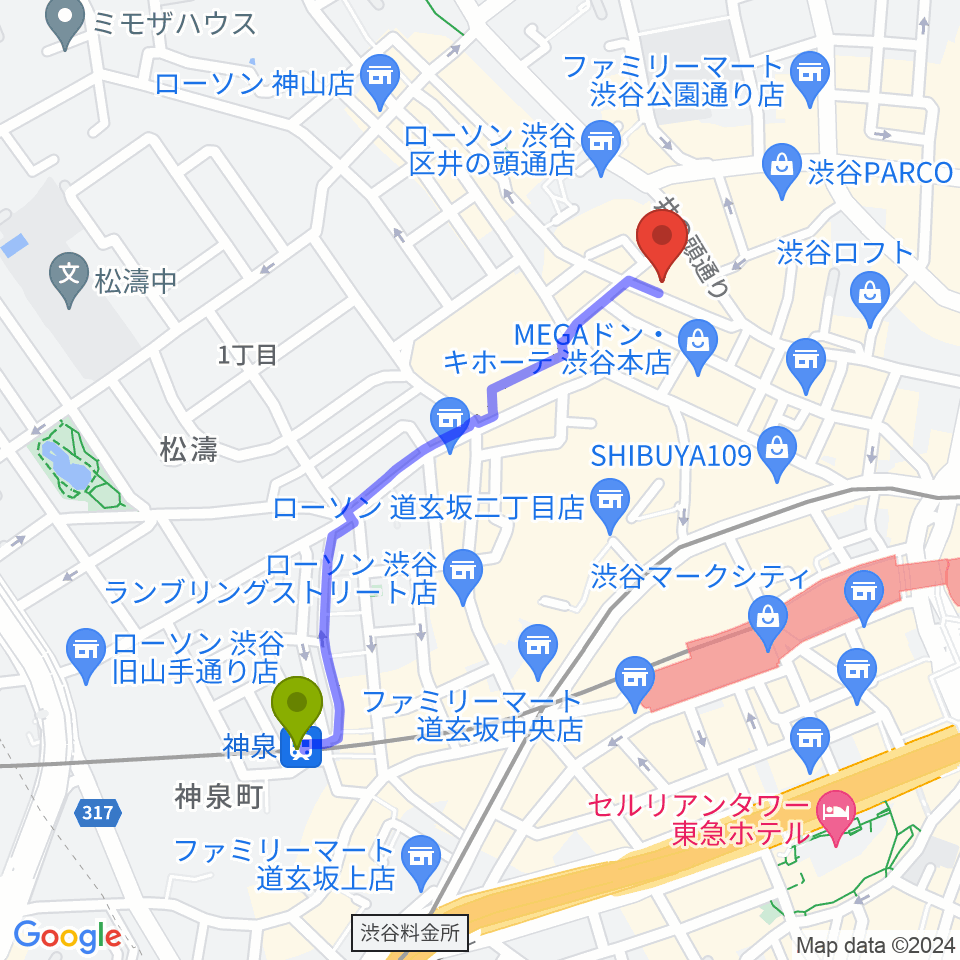神泉駅から渋谷ヨシモト∞ホールへのルートマップ地図