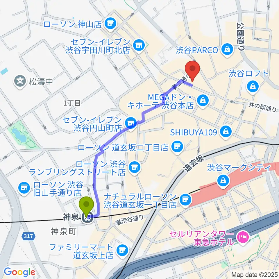 神泉駅から渋谷よしもと漫才劇場へのルートマップ地図