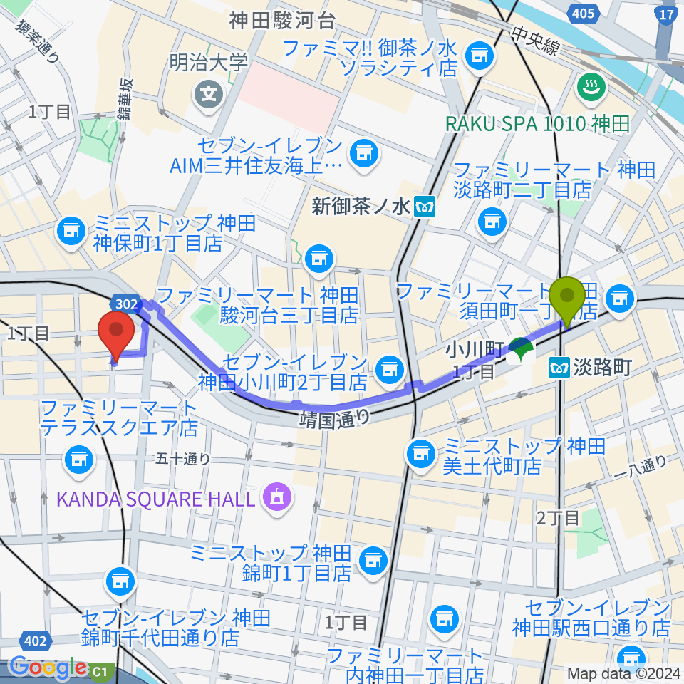 淡路町駅から神保町よしもと漫才劇場へのルートマップ地図