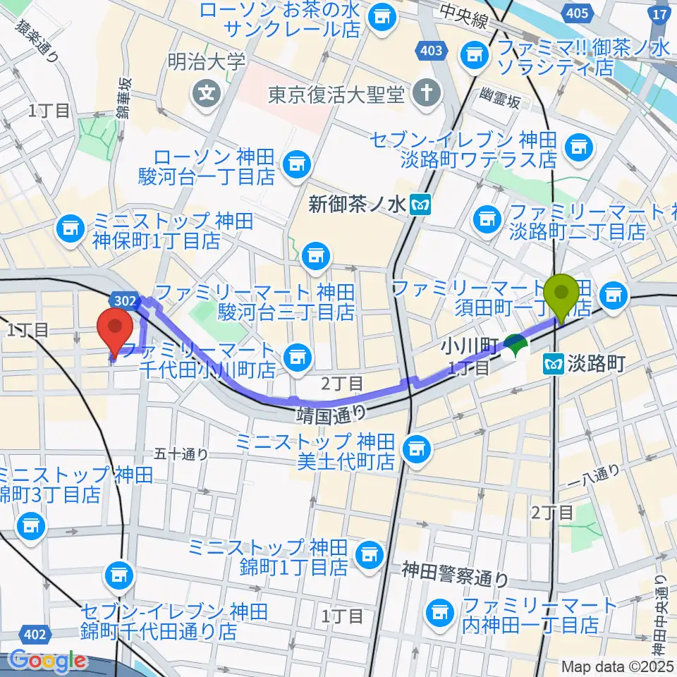 淡路町駅から神保町よしもと漫才劇場へのルートマップ地図