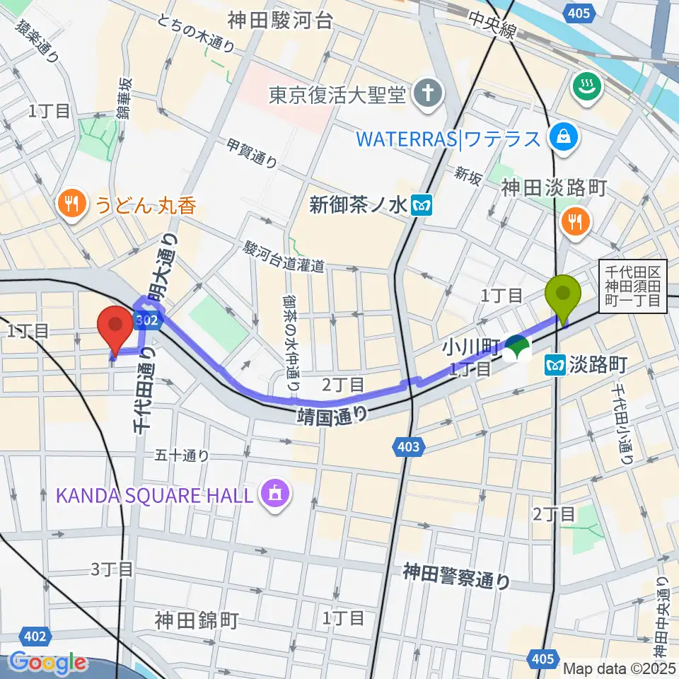 淡路町駅から神保町よしもと漫才劇場へのルートマップ地図