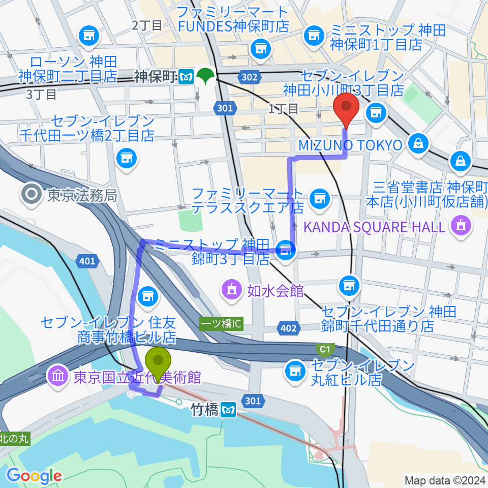 竹橋駅から神保町よしもと漫才劇場へのルートマップ地図