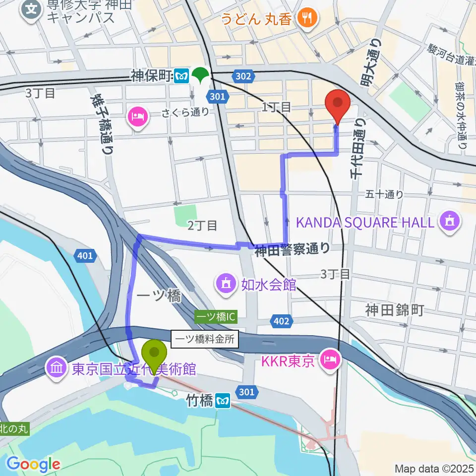 竹橋駅から神保町よしもと漫才劇場へのルートマップ地図