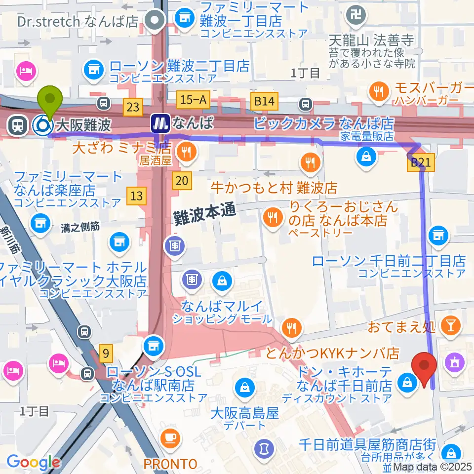 大阪難波駅からよしもと漫才劇場へのルートマップ地図