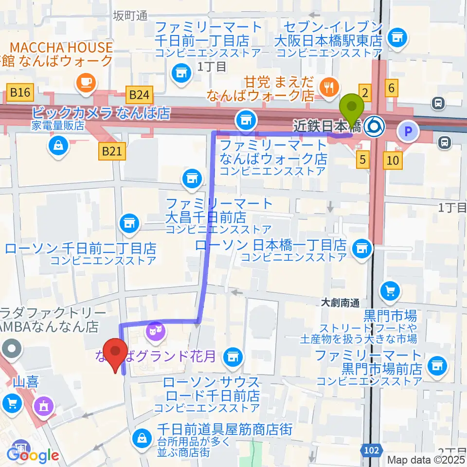 近鉄日本橋駅からよしもと漫才劇場へのルートマップ地図