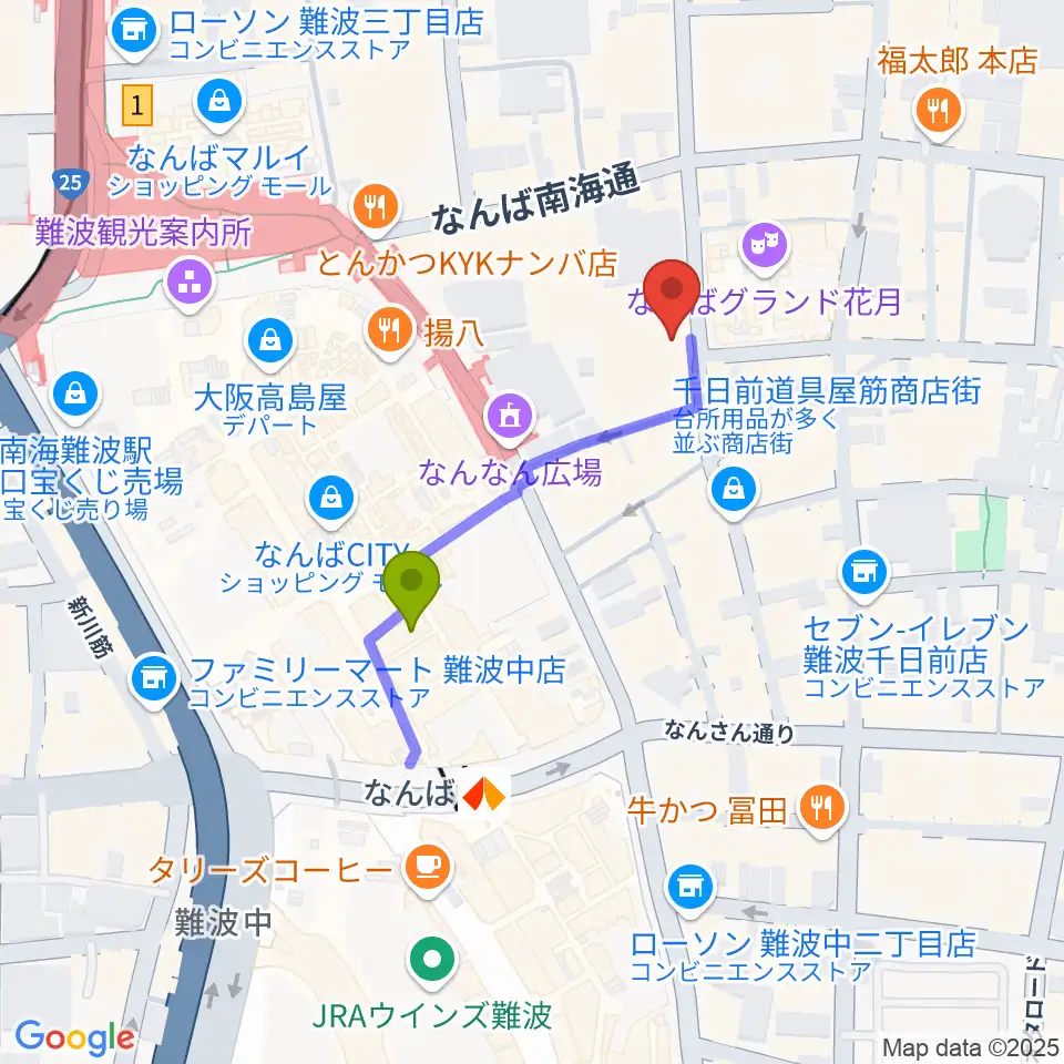 よしもと漫才劇場の最寄駅難波駅からの徒歩ルート（約3分）地図