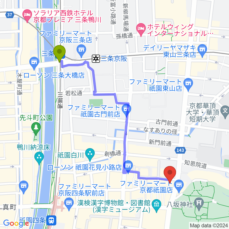 三条駅からよしもと祇園花月へのルートマップ地図