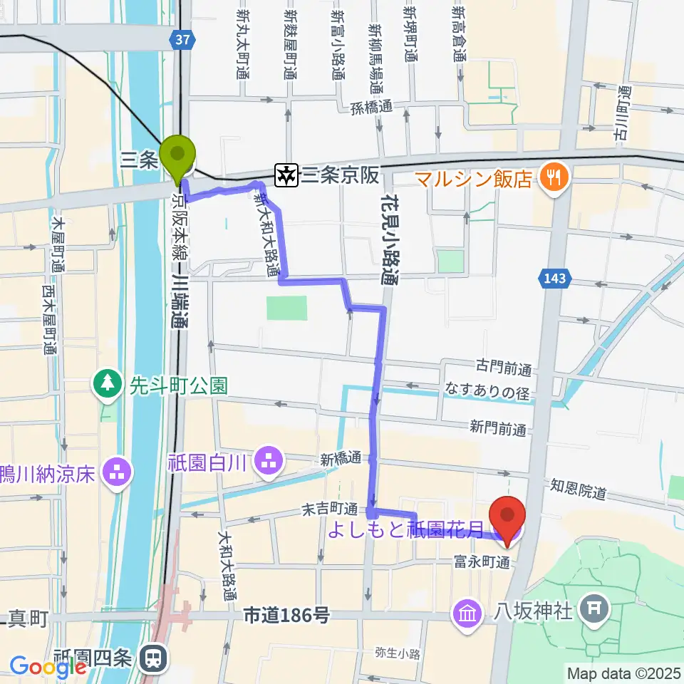 三条駅からよしもと祇園花月へのルートマップ地図