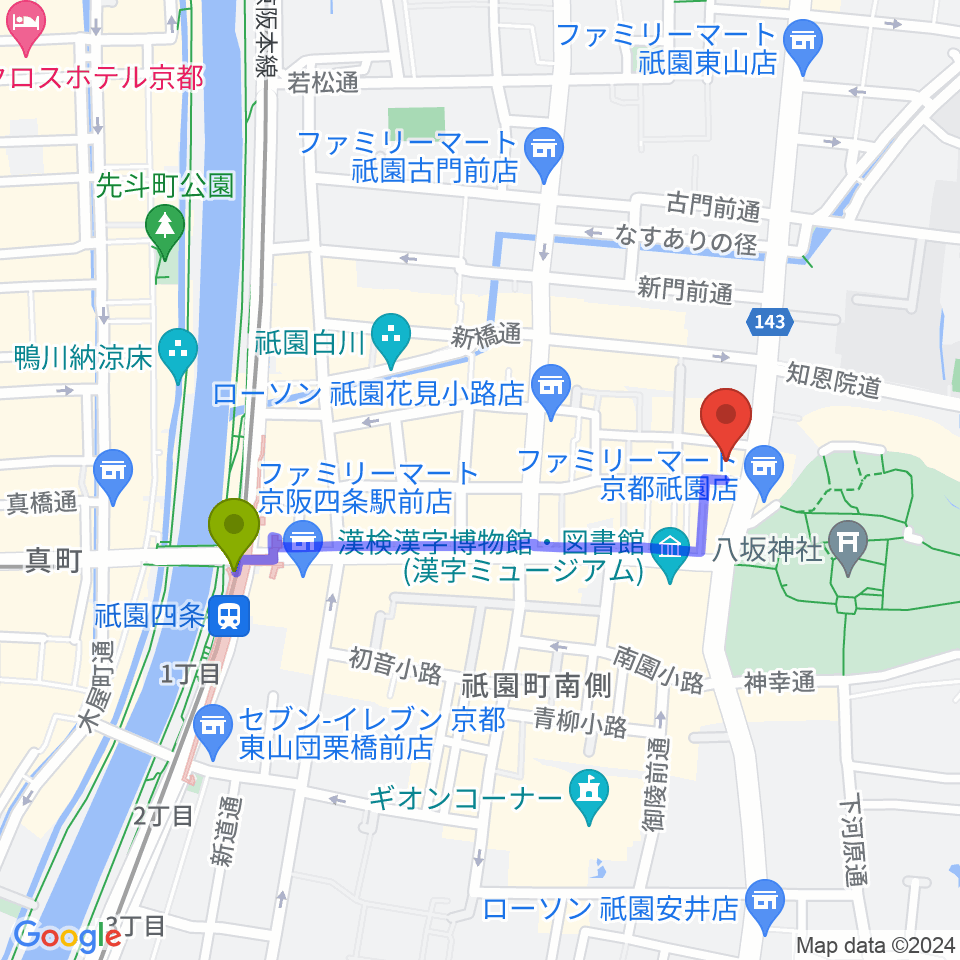 よしもと祇園花月の最寄駅祇園四条駅からの徒歩ルート（約8分）地図