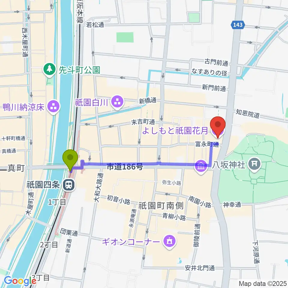 よしもと祇園花月の最寄駅祇園四条駅からの徒歩ルート（約8分）地図