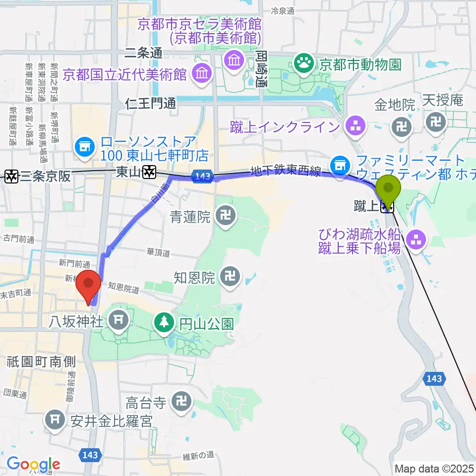 蹴上駅からよしもと祇園花月へのルートマップ地図