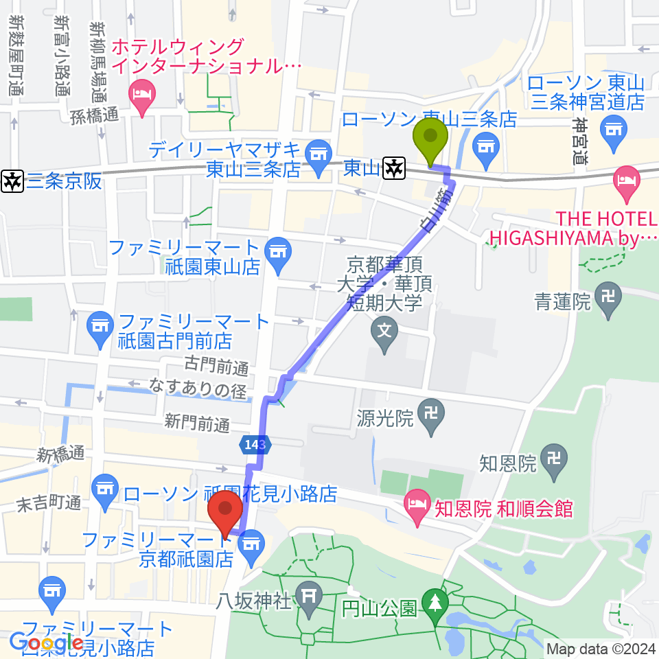 東山駅からよしもと祇園花月へのルートマップ地図