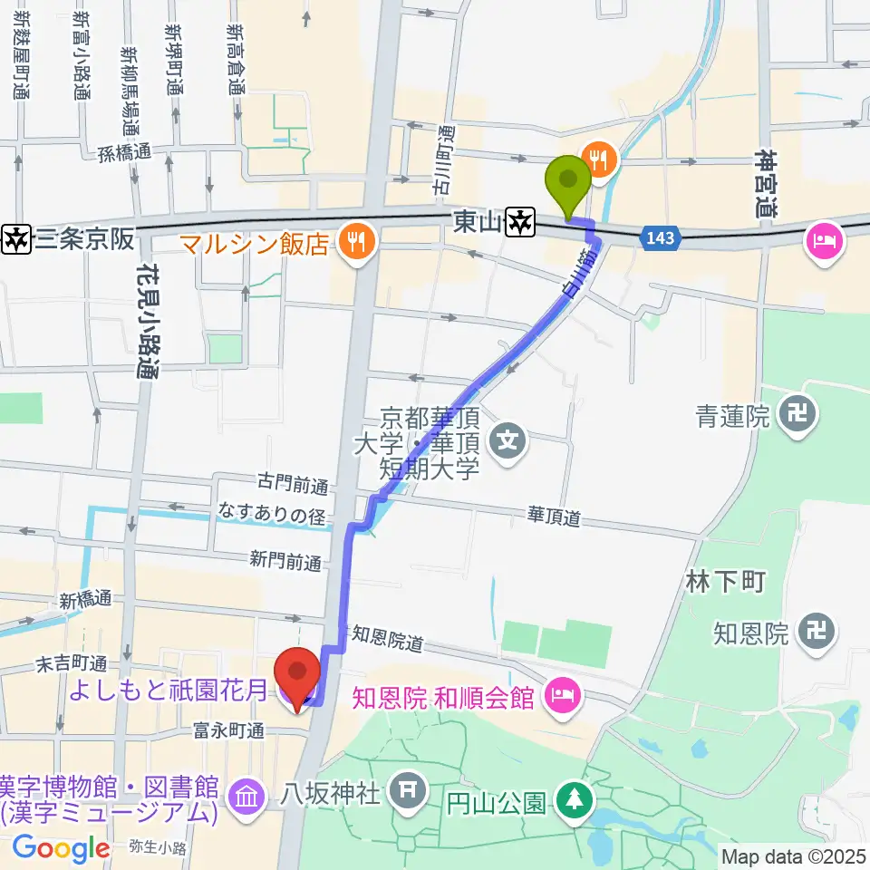 東山駅からよしもと祇園花月へのルートマップ地図