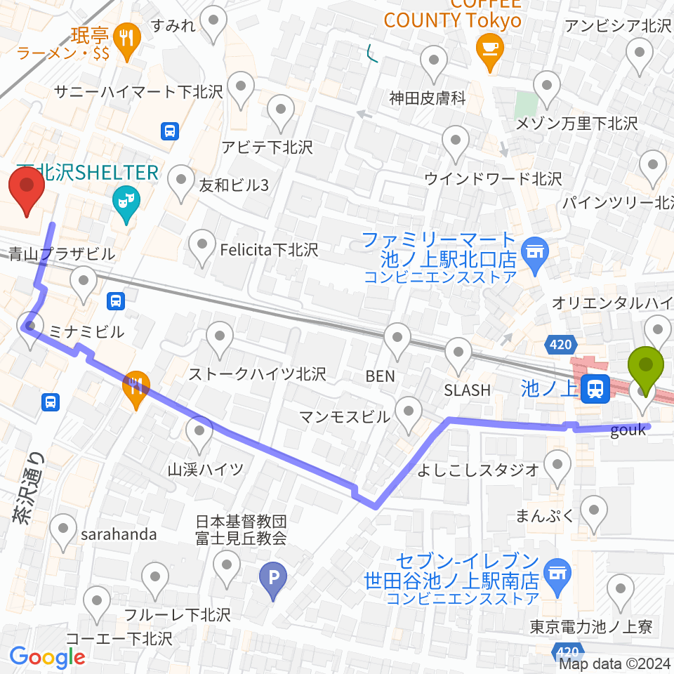 池ノ上駅から下北沢 本多劇場へのルートマップ地図