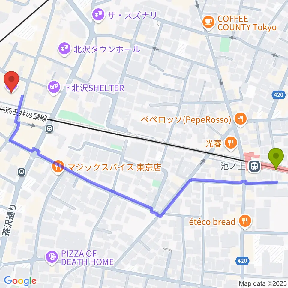 池ノ上駅から下北沢 本多劇場へのルートマップ地図