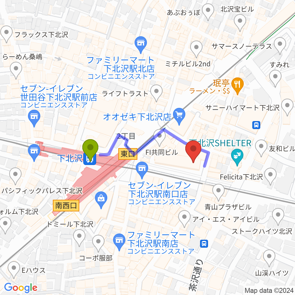 下北沢 本多劇場の最寄駅下北沢駅からの徒歩ルート（約3分）地図