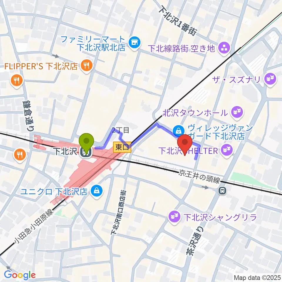 下北沢 本多劇場の最寄駅下北沢駅からの徒歩ルート（約3分）地図