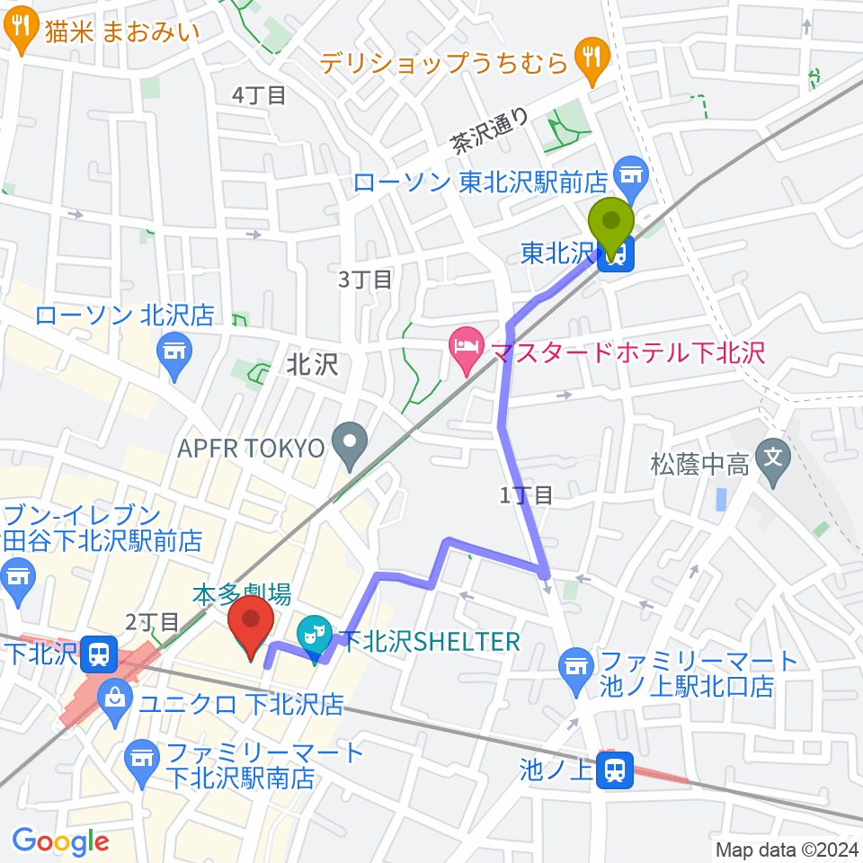 東北沢駅から下北沢 本多劇場へのルートマップ地図