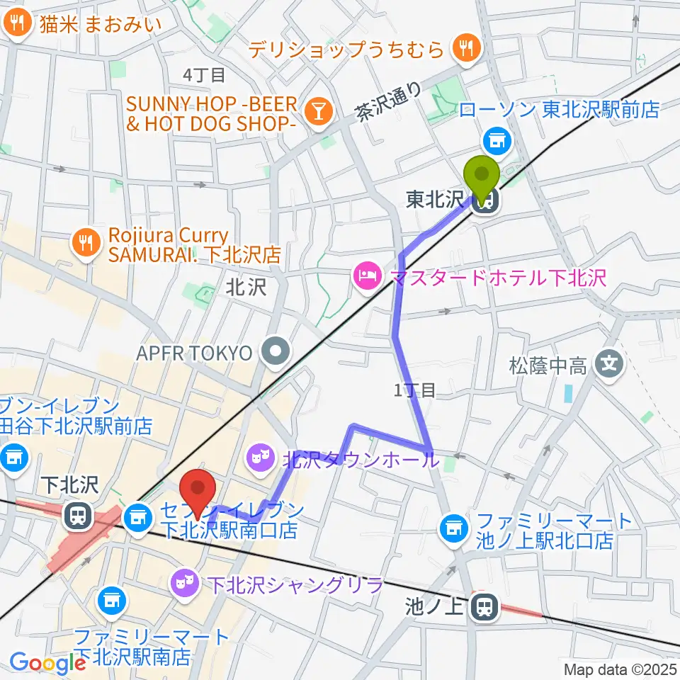 東北沢駅から下北沢 本多劇場へのルートマップ地図