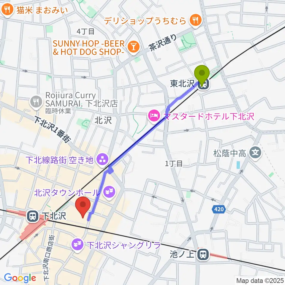 東北沢駅から下北沢 本多劇場へのルートマップ地図