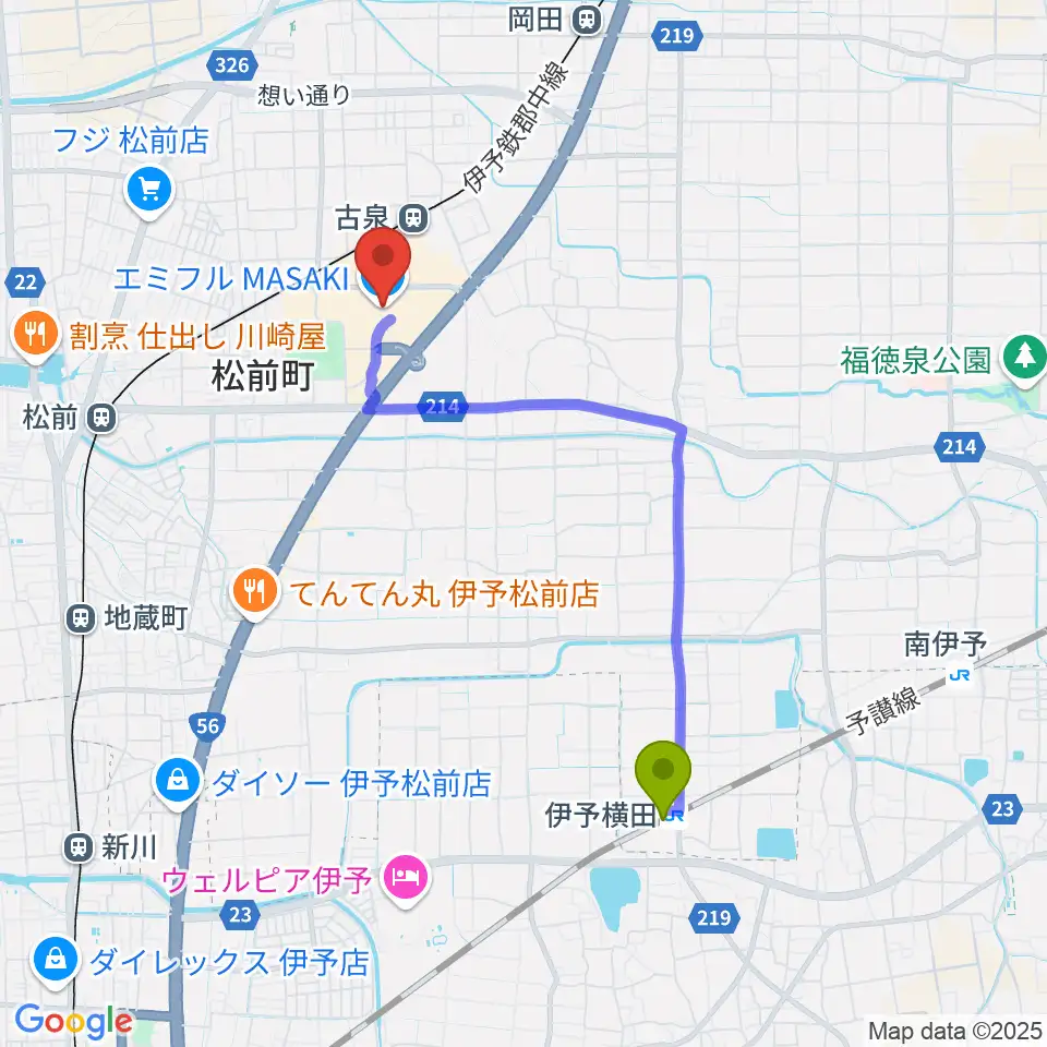 伊予横田駅から島村楽器エミフルMASAKI店へのルートマップ地図